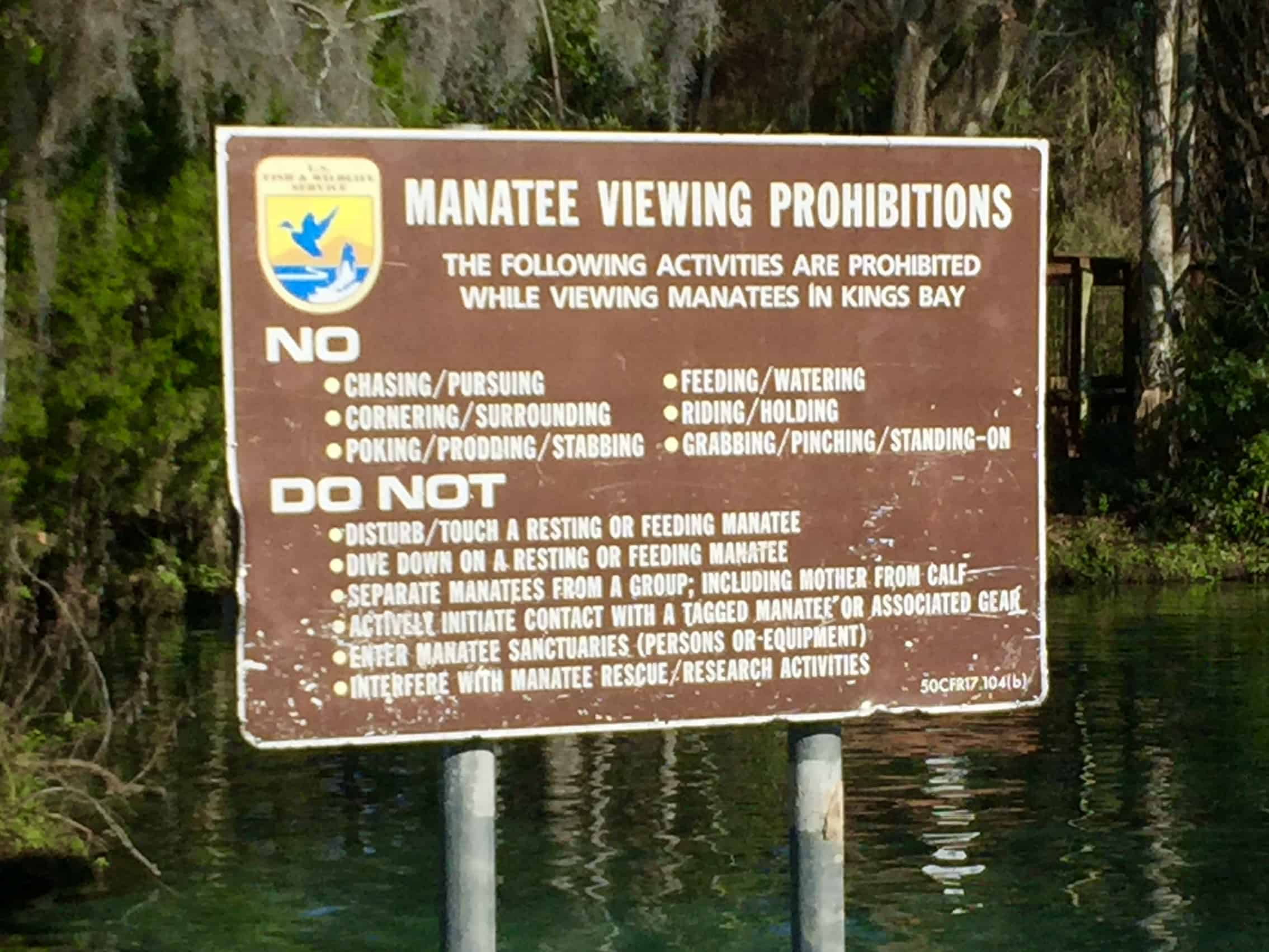 Sign with viewing rules at Three Sister Springs Manatee Viewing Area
