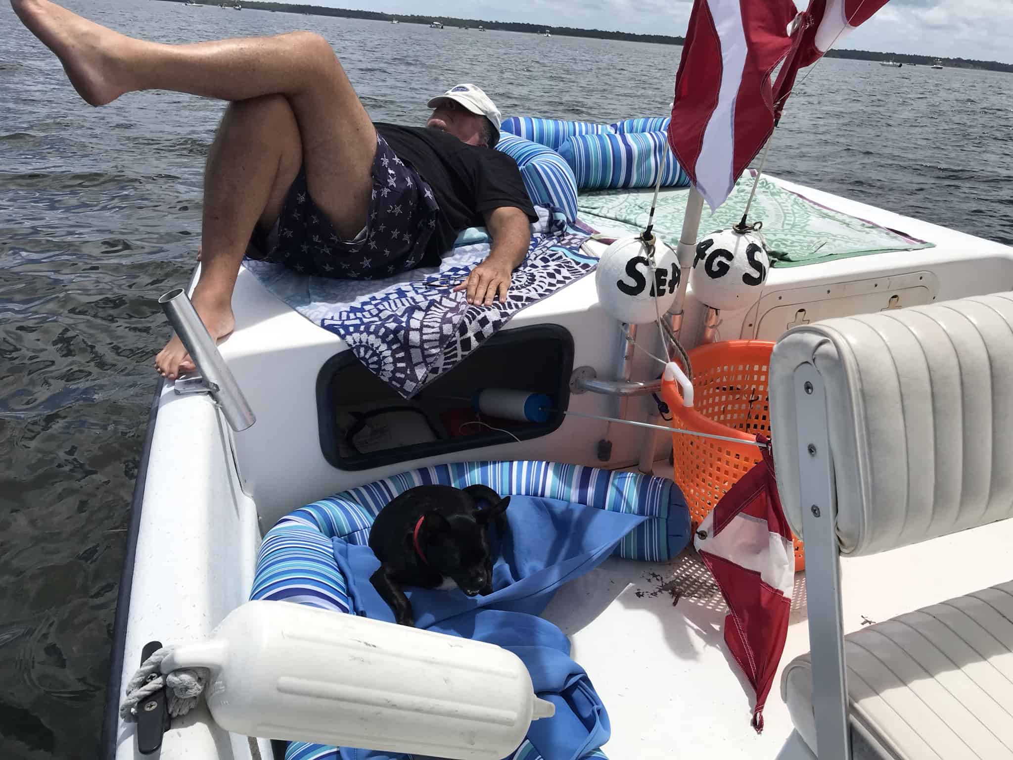 Lee and Spinnaker taking a nap during our day scalloping