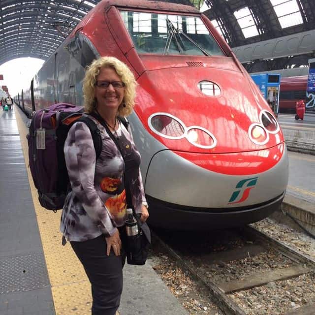 Fleurty Girl in the trainstation with her eBag Mother Lode Backpack