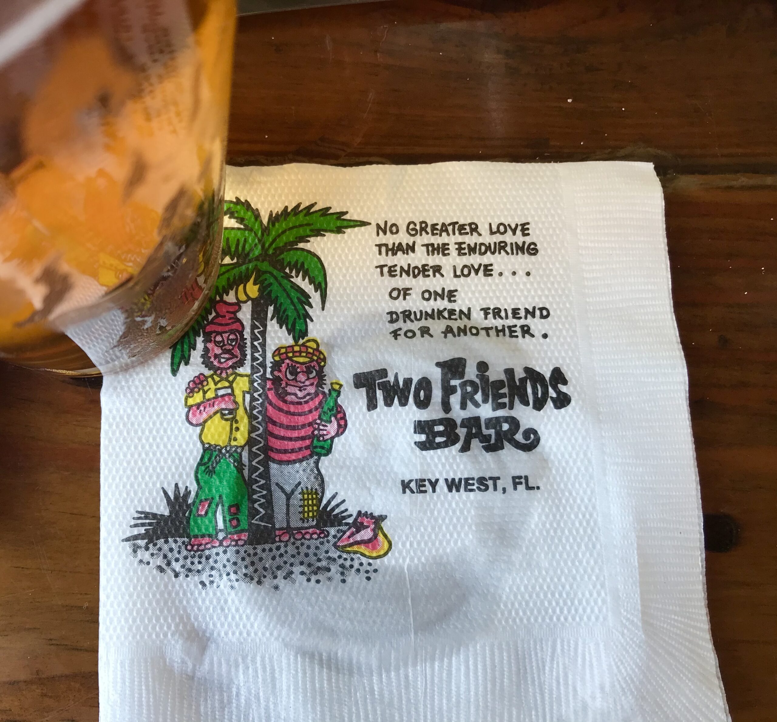 Bar napkin and cold beer from Two Friends Bar in Key West.