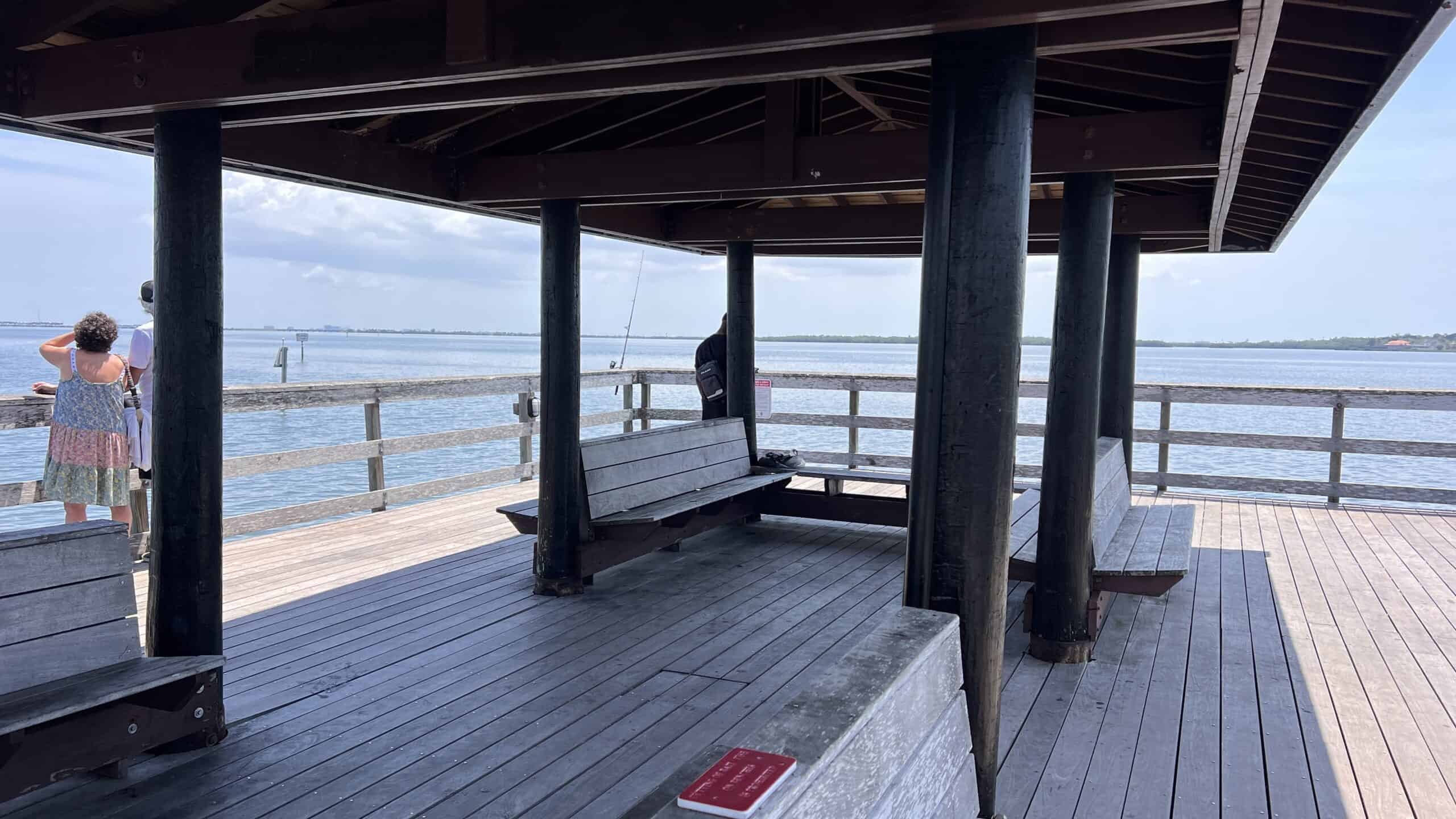 The shelter and benches at the end of the Memorial Pier in Safety Harbor. 